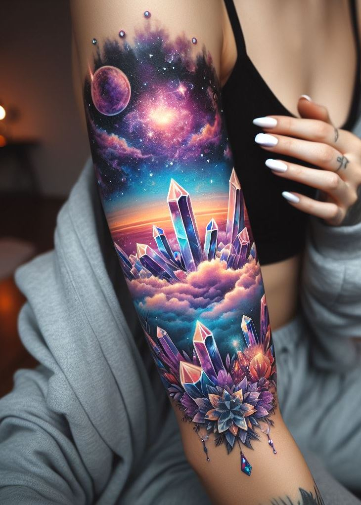 Let Crystal Tattoos be the wings for your ambitions. Floating Crystal Utopia: Take Your Dreams to New Heights—a design that promises your visions the freedom to fly.