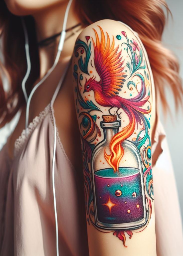 Ignite your spirit with a tattoo that’s a testament to rebirth. This potion bottle, with a phoenix rising from the ashes, symbolizes the fire within you that never dies.