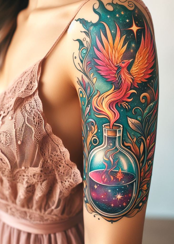 Eternal rebirth on your skin—a potion bottle captures the essence of a phoenix in flames, a fiery emblem of resilience and transformation that’s as timeless as the myth itself.