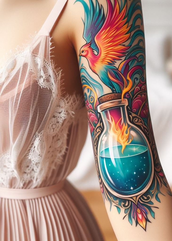 A tattoo that rises above—within the confines of a potion bottle, a phoenix emerges from the embers, a vibrant declaration of your ability to rise, time and again, from life’s trials.