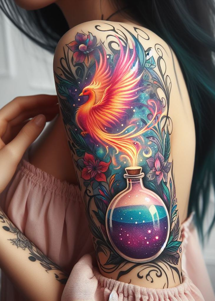 From ink to immortality, this potion bottle tattoo, cradling a phoenix in mid-resurrection, is a powerful tribute to life’s perpetual cycle of renewal.