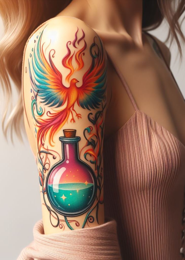 Wear the flames of revival—a potion bottle tattoo that houses a phoenix ascending from the fire, marking your skin with a symbol of undying grace and strength.