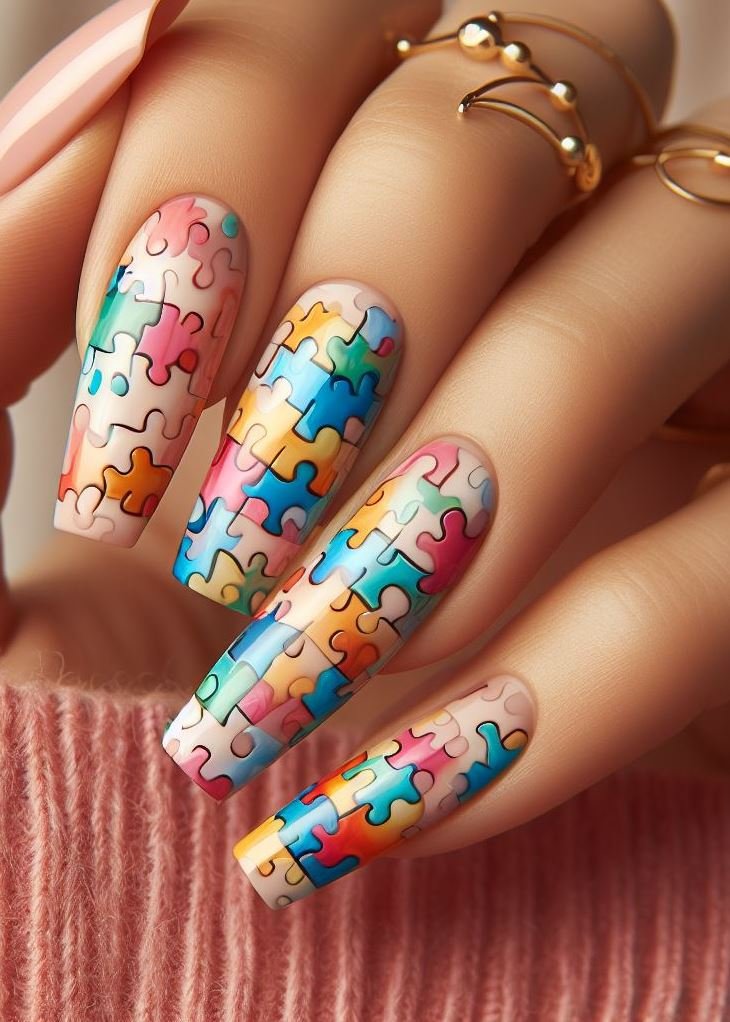 Abstract Nail Art: It's Not Just Random Splotches (We Promise!) | Pocoko Rainbow Connection: Puzzle Piece Nails with a Colorful Twist Embrace the full spectrum of your personality with Rainbow Puzzle Piece Nails! Paint each puzzle piece a different color of the rainbow, creating a vibrant and eye-catching design on your fingertips. It's a playful way to celebrate individuality and show off your love for color.