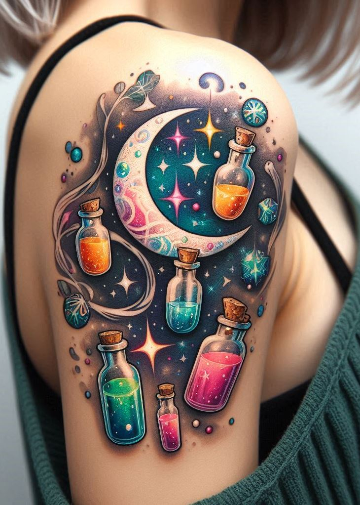 Stir up some stardust with a tattoo that blends the allure of a swirling potion bottle with the serene beauty of a crescent moon and the sparkle of stars—a sip of the cosmos on your skin.