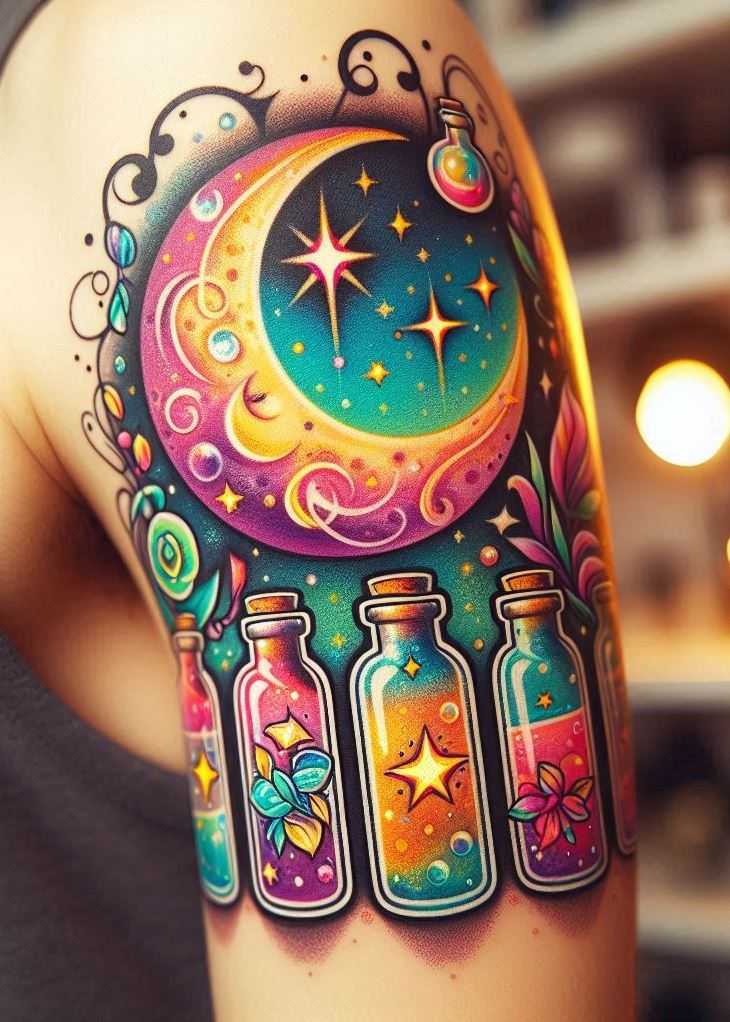 Ink a lunar lullaby—the gentle arc of a crescent moon and the shimmer of stars hover over a swirling potion bottle, crafting a tattoo that’s a whisper of midnight magic.