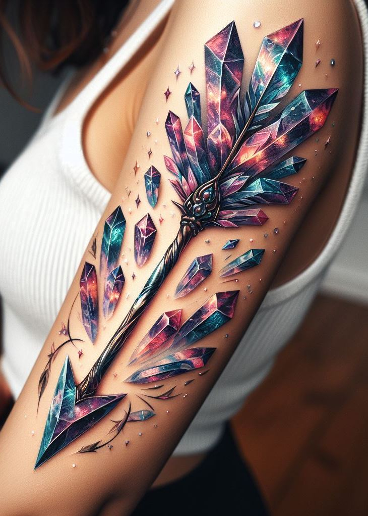 This crystal arrow tattoo isn't just about direction, it's about looking good while you get there! It's a reminder to set your sights high and reach for the stars, all while sparkling brightly. Crystal tattoos: for the go-getter with undeniable style.