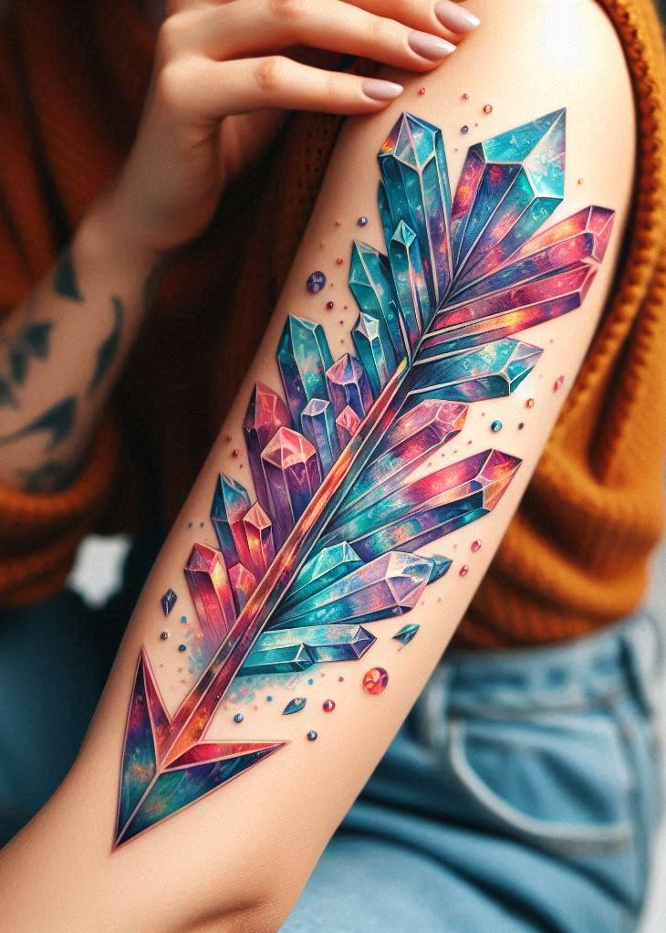 Life's a journey, make it a sparkly one! This crystal arrow tattoo is a reminder to embrace the adventure and always move forward with unwavering spirit. Crystal tattoos: for the explorer who leaves a trail of dazzling light.