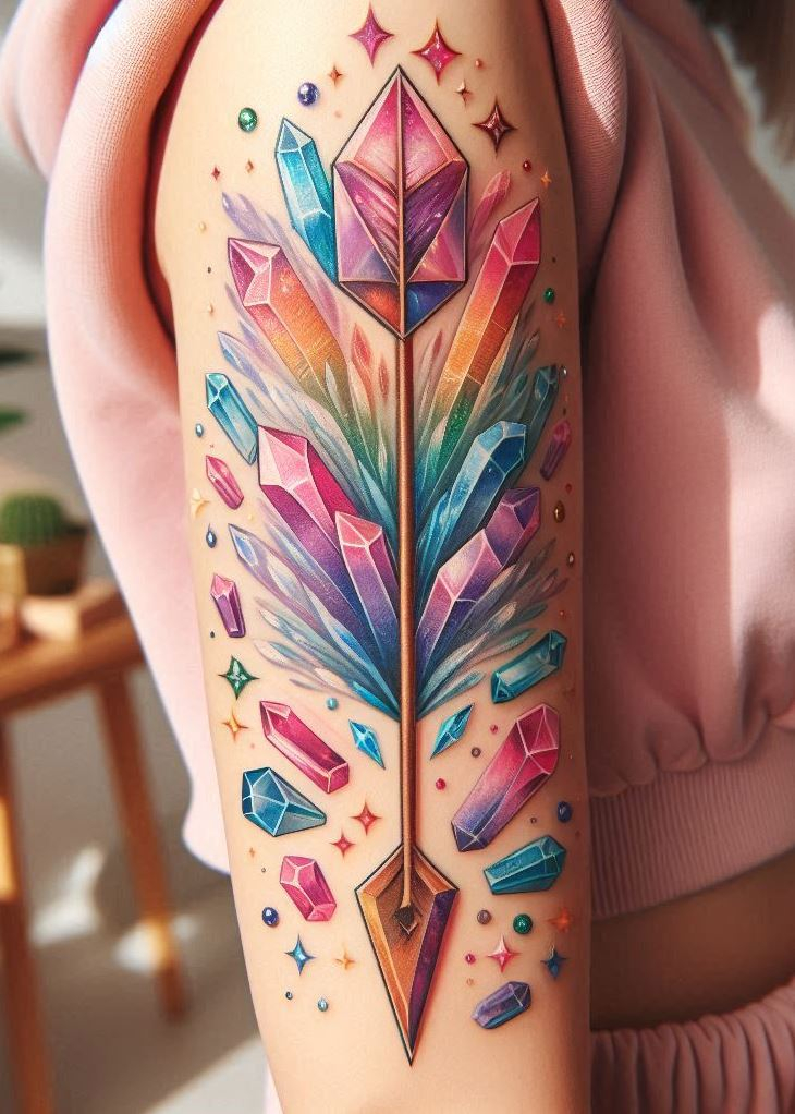 Who needs a bullseye when you have a crystal arrow? This captivating tattoo design is a reminder to set your goals high and pierce through any obstacle with unwavering determination. Crystal tattoos: for the unstoppable force with a touch of sparkle.