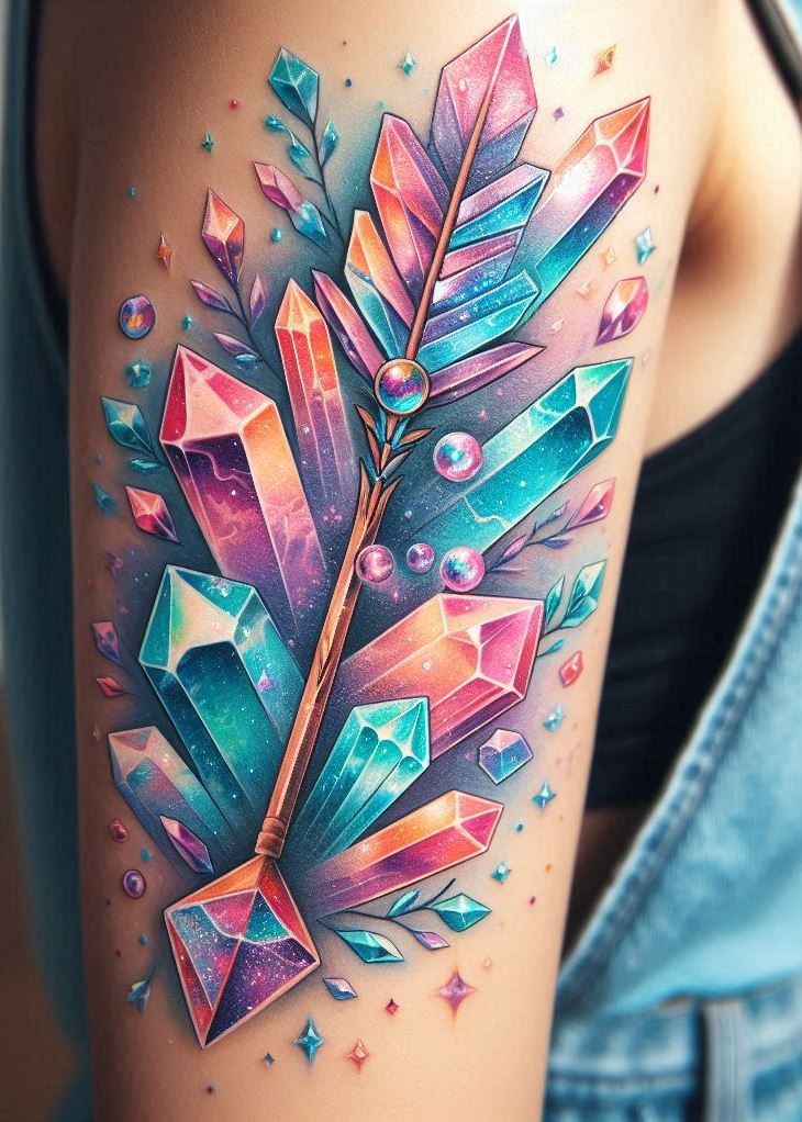 This crystal arrow tattoo isn't just an arrow, it's a beacon of light! It's a dazzling reminder to illuminate your own path and inspire others with your brilliance. Crystal tattoos: leading the way, and looking fabulous doing it.