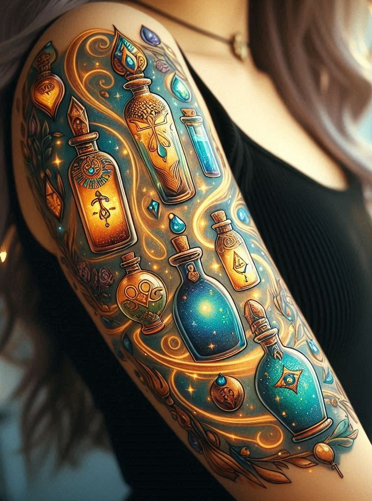 Nile’s Whispers: Within the potion bottle’s glass, hieroglyphs weave tales of gods and destiny. This tattoo is your connection to Egypt’s soul.