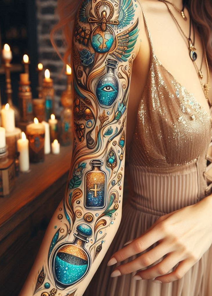 Hieroglyphic Alchemy: The potion bottle’s curves bear the weight of ancient symbols—a fusion of mysticism and artistry, a spell cast by ink and skin.