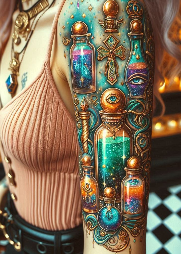 Glyphs of the Nile: A potion bottle, adorned with Egyptian hieroglyphs, whispers tales of pharaohs and ancient magic—a tattoo that transcends time.