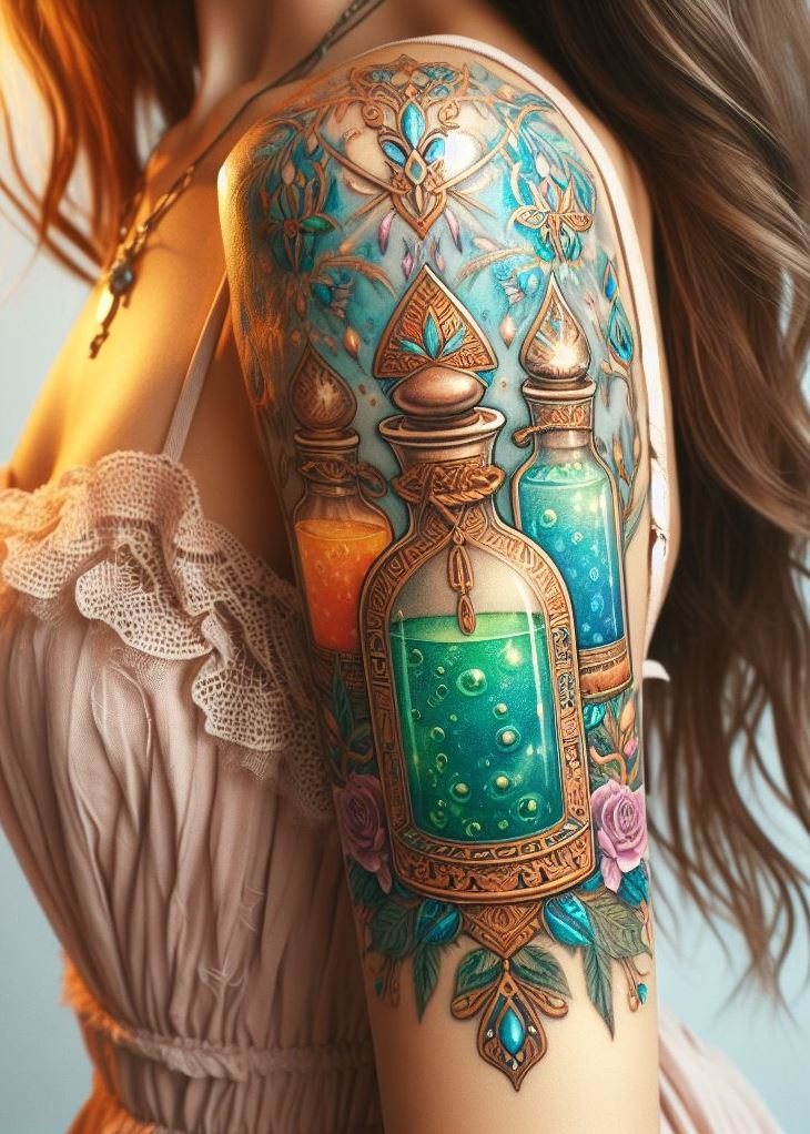 Unlock the secrets of the past—a potion bottle wrapped in Egyptian hieroglyphs, this tattoo is your personal talisman of the mysteries that have captivated imaginations for millennia.