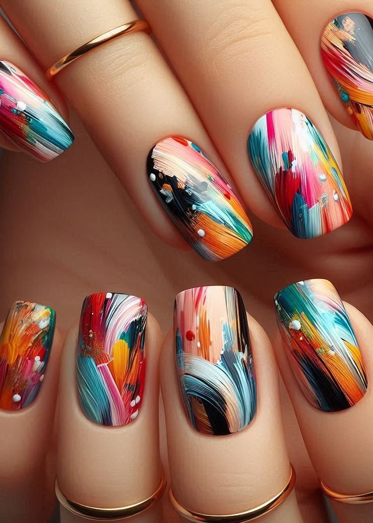 Abstract Nail Art: It's Not Just Random Splotches (We Promise!) | Pocoko Abstract Artistry on Your Tips: Brushstroke Nails Ditch the perfectly painted lines and embrace the freeform beauty of Brushstroke Nails! Think bold swipes of color that mimic an artist's brushstrokes, creating a unique and eye-catching design on each finger. It's like having a mini masterpiece on every nail.