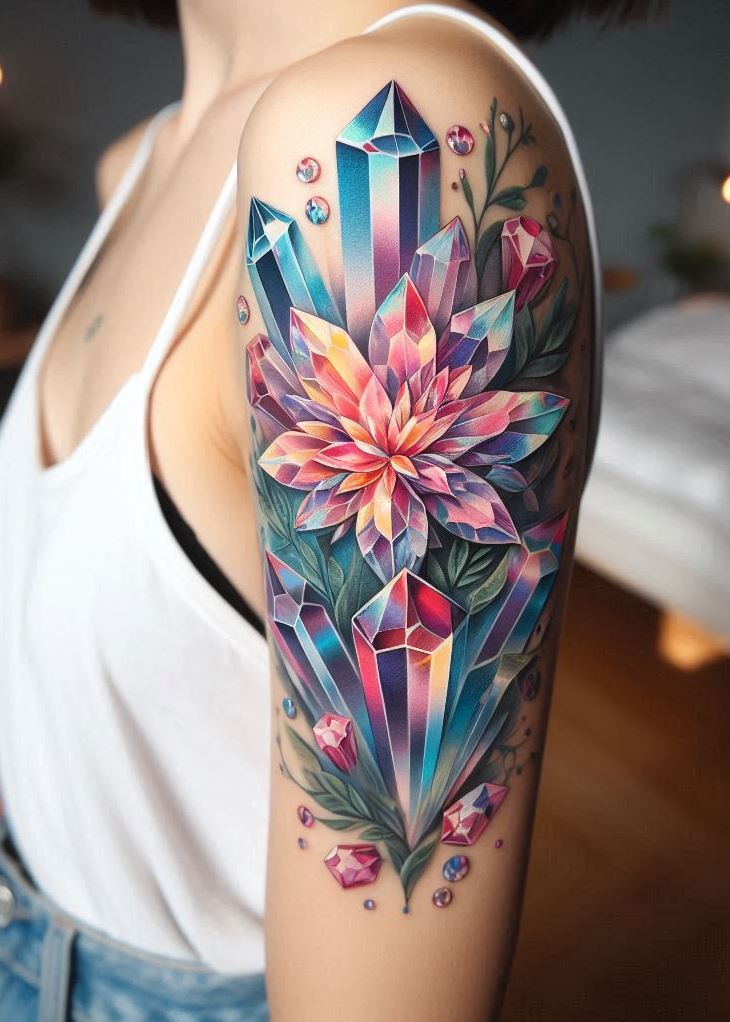 Level up your floral game with some crystal magic! This crystal tattoo is a dazzling reminder that you are the author of your own fairytale.