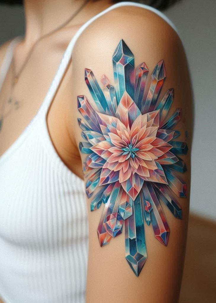 Ditch the damsel in distress vibe. Crystal tattoos are for the strong, independent soul who cultivates her own magic. This floral design is a blooming reminder of that power.