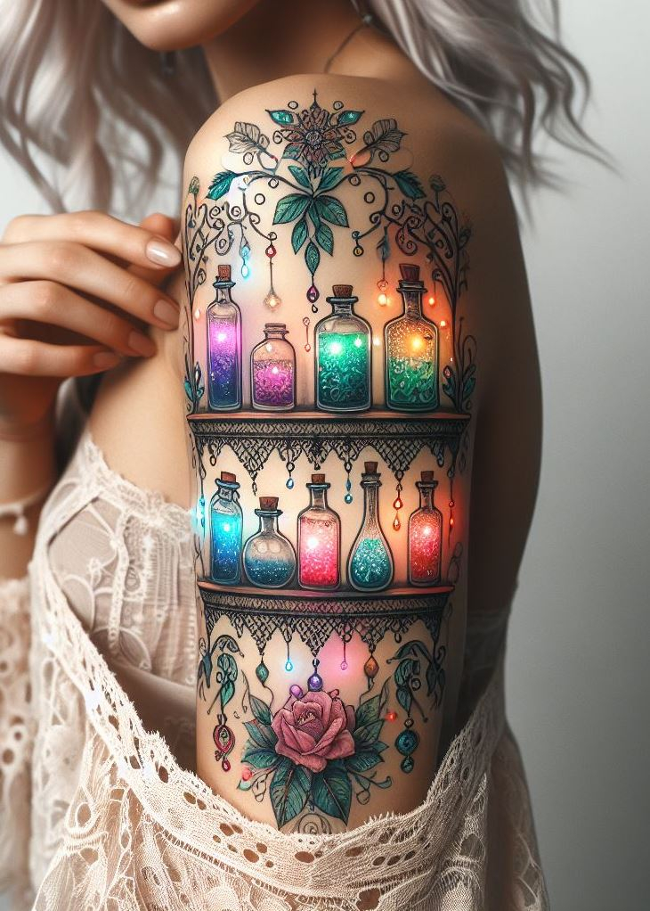 Love's Glimmer: Glowing Potion Bottle Tattoo with Two Intertwined Hearts: Express the magic of love with a shimmering potion bottle tattoo entwined with two hearts. The glow emanating from the bottle symbolizes the enduring love and connection you share.