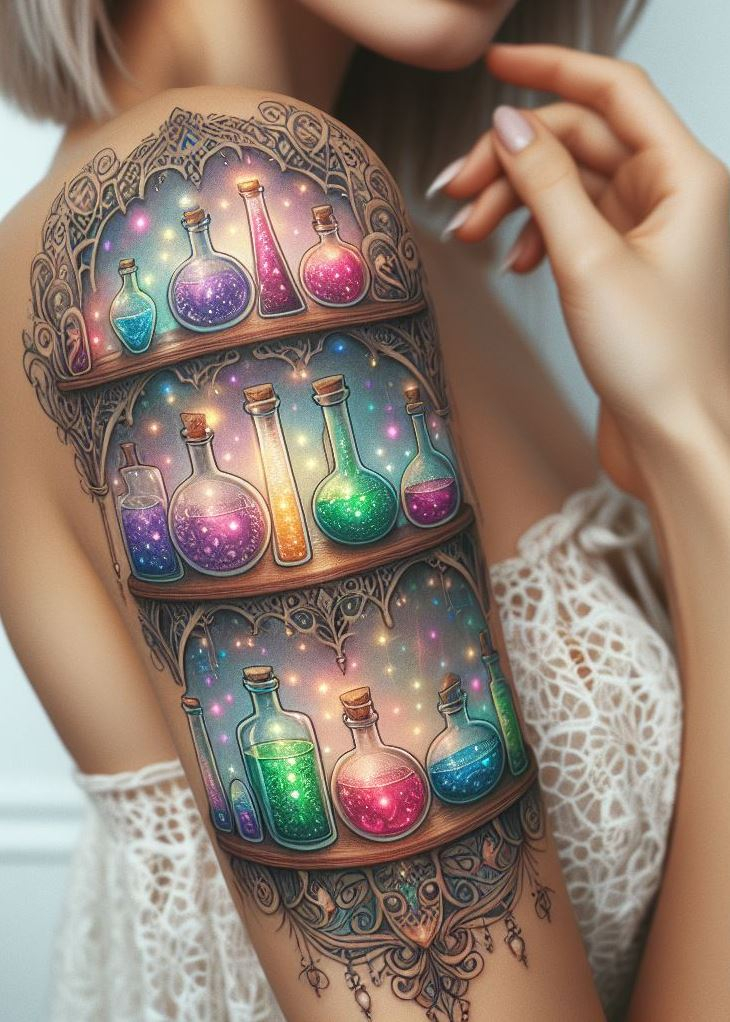 Enchanted Garden Shelf: Glimmering Potion Bottles with Botanicals: Showcase your love for herbal magic with a collection of shimmering potion bottles on a shelf tattoo. Each bottle can hold a different flower or herb, symbolizing specific magical properties.