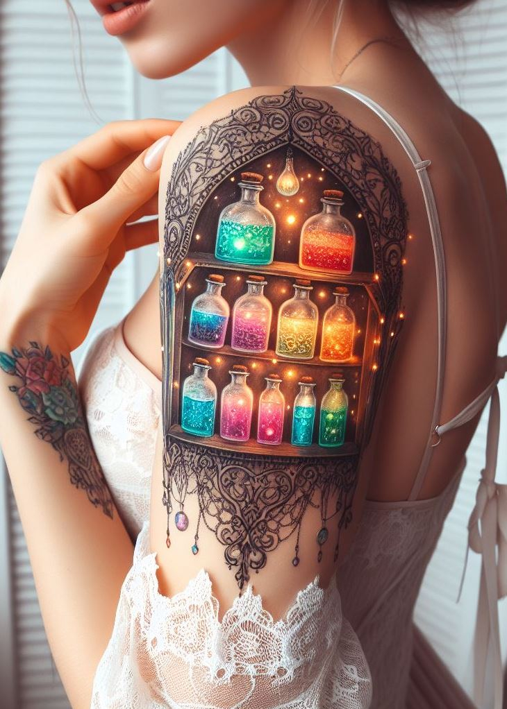 Cosmic Connections: Glimmering Potion Bottle Tattoo with Stars: Embrace your connection to the universe with a shimmering potion bottle tattoo adorned with stars. The celestial light emanating from the bottle represents the magic that flows through all things.