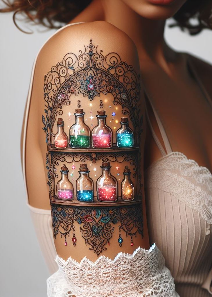 Elixir of Dreams: Glimmering Potion Tattoo with Moon Phases: Let a moonlit potion bottle tattoo capture your dreams. The glow of the potion bottle reflecting the moon phases symbolizes the magic and ever-changing nature of your aspirations.