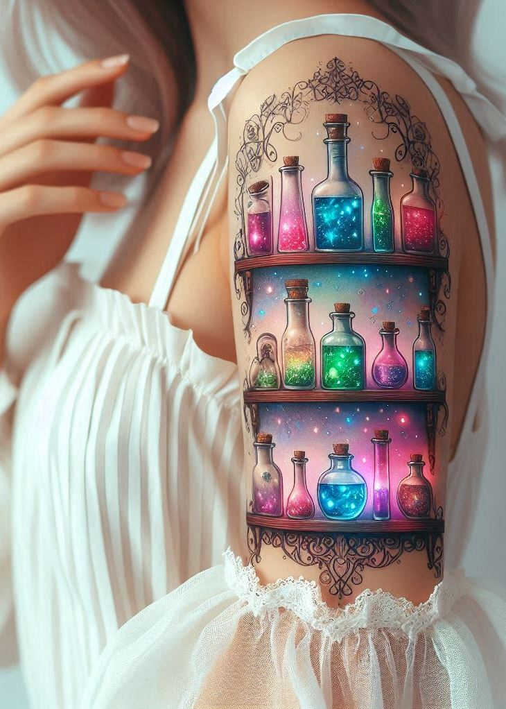 Whispers of Alchemy: Glimmering Potion Bottle Tattoo for Hidden Magic: Capture the mystery of secret spells with a shimmering potion bottle tattoo. Delicate light emanating from within represents hidden knowledge and the potential for powerful alchemy.