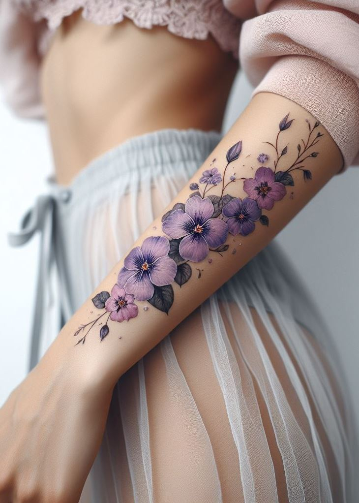 "Violet Whispers: Adorn your skin with the February birth flower—the violet. Its deep purple hues and heart-shaped petals evoke mystery and elegance. This delicate garland tattoo whispers secrets of love, resilience, and the beauty found in life’s quiet moments." 💜🌿