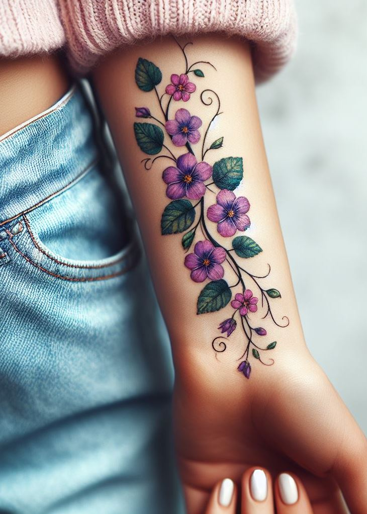 "Botanical Symphony: Imagine a symphony of violets dancing across your skin. This tattoo weaves delicate blooms into a harmonious garland, celebrating February birthdays with grace. Let the violet’s soothing fragrance and timeless allure inspire your inked masterpiece." 🎶🌸