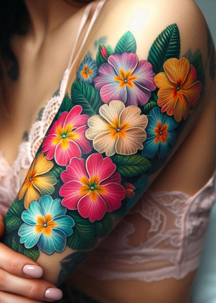 "Golden Blooms: Adorn your skin with the February birth flowers—the primroses. Their clusters of yellow blossoms symbolize youth, growth, and resilience. A primrose tattoo on your arm or back is like wearing a sun-kissed garden, radiating positivity and natural beauty." 🌼☀️