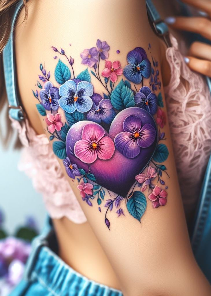 "Violet Whispers: Adorn your skin with the February birth flower—the violet. Its deep purple hues and heart-shaped petals evoke mystery and elegance. This delicate tattoo of violets nestled within a heart celebrates love, resilience, and the beauty found in life’s quiet moments." 💜🌿❤️