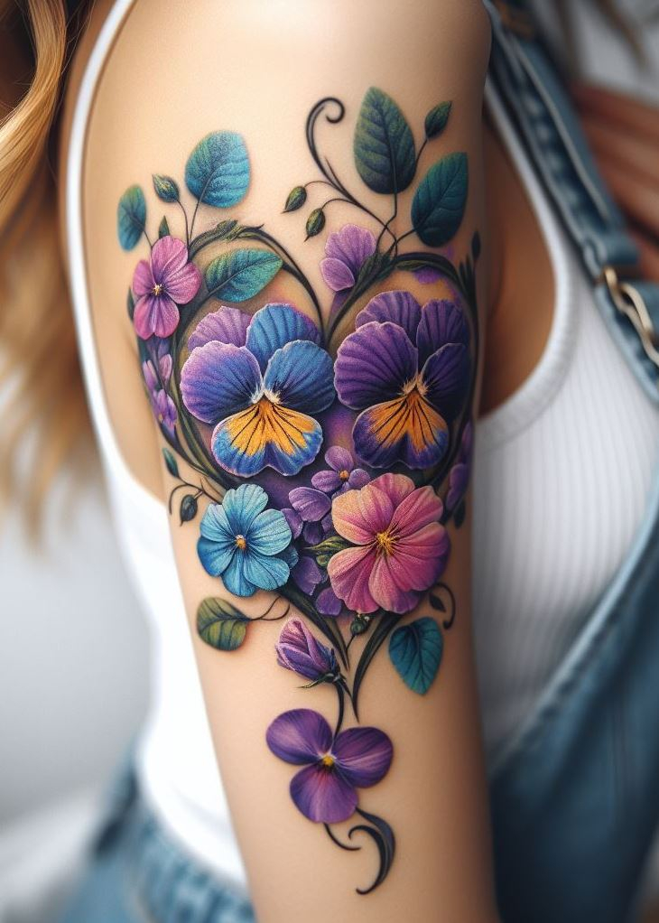 "Ink Blooms: Let your heart blossom with violets! This February birth flower tattoo combines delicate violet petals with the timeless symbol of love—the heart. Wear it as a reminder that even in the coldest months, warmth and beauty thrive." 🌸🌼❤️