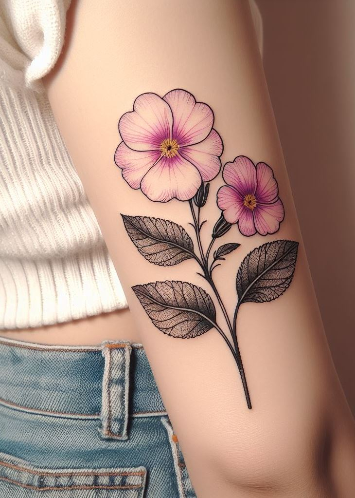 "Botanical Harmony: Combine violets and primroses in a harmonious tattoo. The deep purple of violets contrasts beautifully with the primrose’s sunny yellow. This inked bouquet celebrates February’s duality—calmness and vibrancy—on your skin canvas." 💜🌼