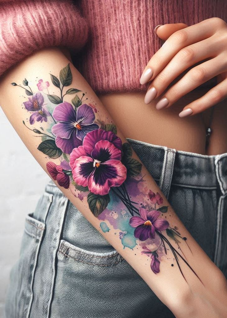 "Violet Symphony: 🎶 Imagine a violet orchestra playing on your skin—a watercolor masterpiece that dances with grace. February’s birth flower, the violet, whispers secrets of intuition and loyalty. Splash it across your forearm, and let the music of petals bloom." 🌸💜