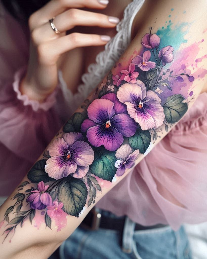 "Ink Alchemy: 🌿✨ Transform your skin into a canvas of magic. This watercolor violet tattoo blends hues like a potion brewed by ancient alchemists. Wear it proudly, knowing that February’s violets symbolize love, protection, and dreams." 🖌️🔮