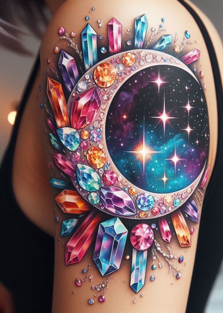 Ditch the flashlight, wear the moonlight! This crystal moonbeam tattoo captures the ethereal glow of the night sky, permanently etched on your skin. Crystal tattoos: for the night owl who loves to shimmer.