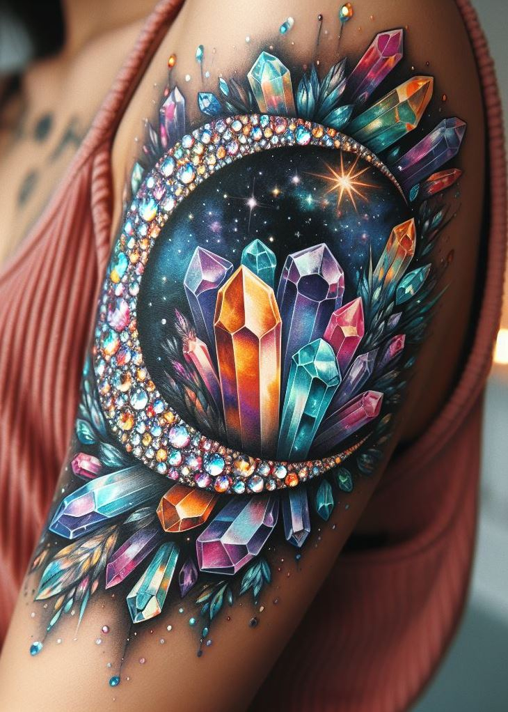 Channel your inner moon goddess with this crystal moonbeam tattoo! It's a mesmerizing reminder that you have the power to illuminate the darkness, with a touch of dazzling magic. Crystal tattoos: where moonlight meets magnificence.