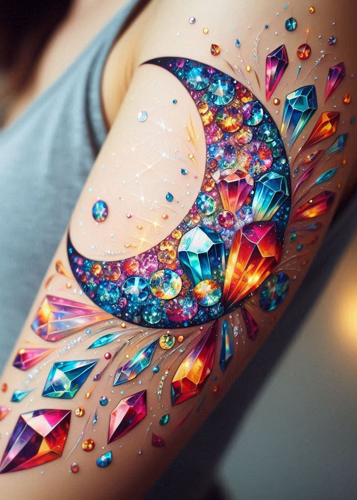 Let your inner light shine brighter than the moon with this crystal moonbeam tattoo! It's a dazzling reminder that you have the power to illuminate your own path and inspire others. Crystal tattoos: for the radiant soul who leaves a trail of moonlight.