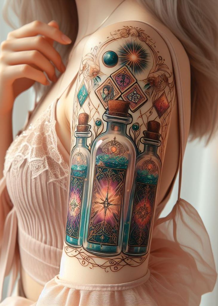 Stir up some mystique on your skin with a Magic Potion Tattoo, where each drop is a tarot mystery waiting to be revealed. It’s not just ink; it’s your personal fortuneteller in art form.