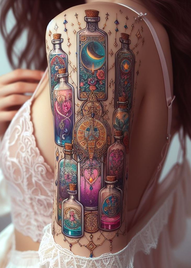 Who needs a tarot reader when you can wear your fate on your sleeve? Magic Potion Tattoos blend the iconic tarot imagery with a dash of enchantment for the bold at heart.