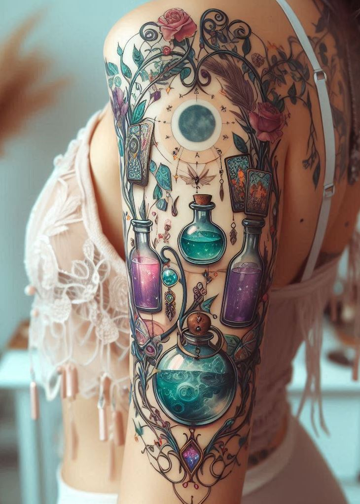 Ink your intuition with a Magic Potion Tattoo, where every line is a story of stars and every color, a whisper of the cards. It’s not just a tattoo; it’s a window to the soul.