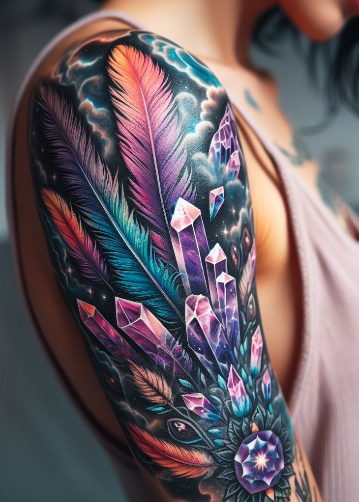 Let your skin showcase the elegance of Crystal Tattoos with Crystal Feathers: Soft and Strong - The Ultimate Combo. Where the tenderness of down meets the resilience of crystal, beauty takes flight.