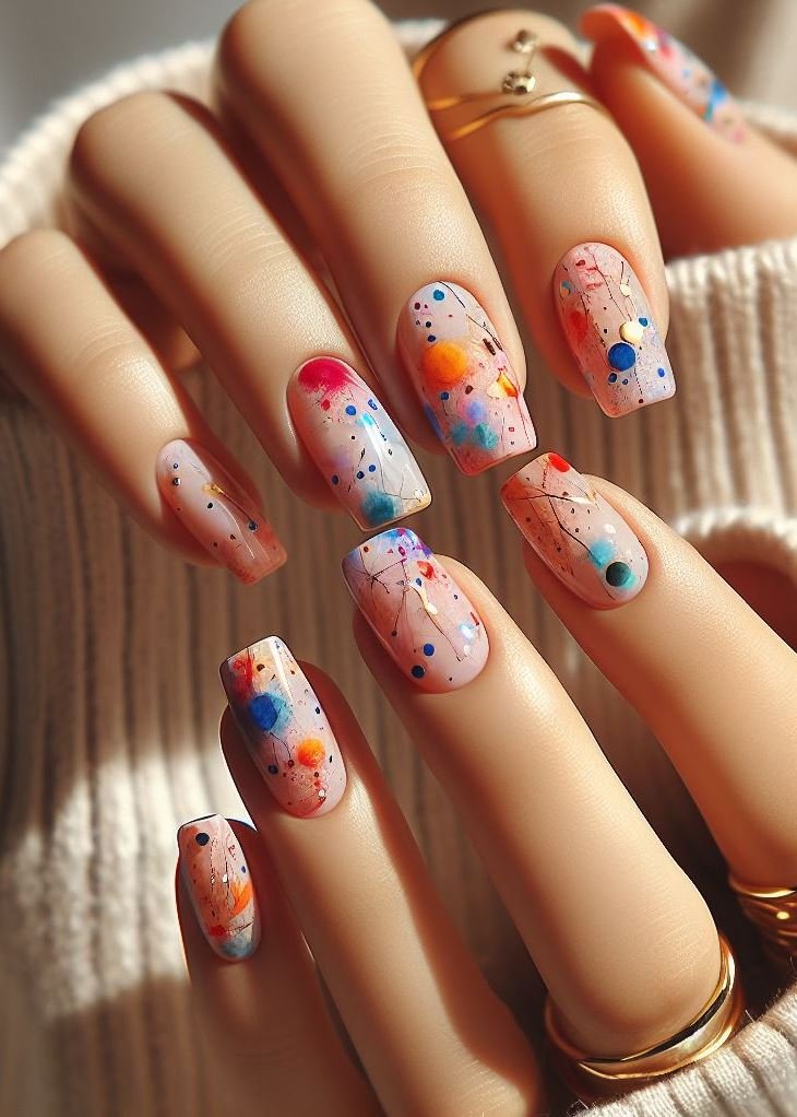 Abstract Nail Art: It's Not Just Random Splotches (We Promise!) | Pocoko Candyland Chaos: Splashes and Smudges Nails with a Sugary Twist Craving a playful and colorful manicure? Embrace the candyland chaos with Splashes and Smudges Nails! Use a white base coat and then create playful splatters, drips, and smudges in bright, candy-colored polishes like pink, yellow, and blue. It's a fun and carefree way to add a touch of sweetness to your fingertips.