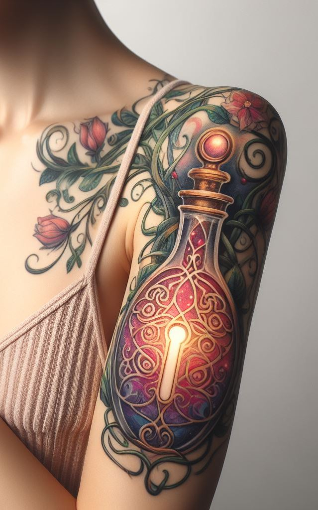 Ink your skin with a labyrinth of possibilities. This Magic Potion Tattoo, with its complex keyhole, whispers of hidden chambers and treasures within.