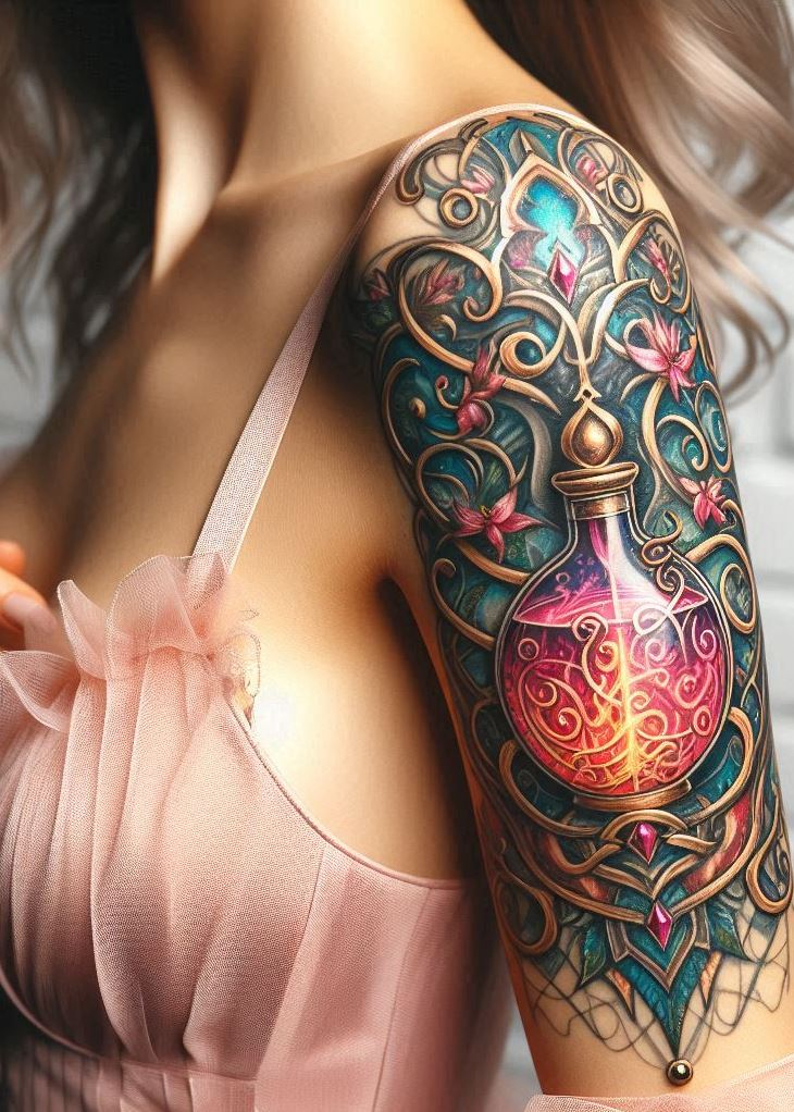 This potion bottle tattoo holds more than ink; it holds secrets. With a labyrinthine keyhole, it’s a gateway to the unknown, etched forever in a dance of lines and shades.