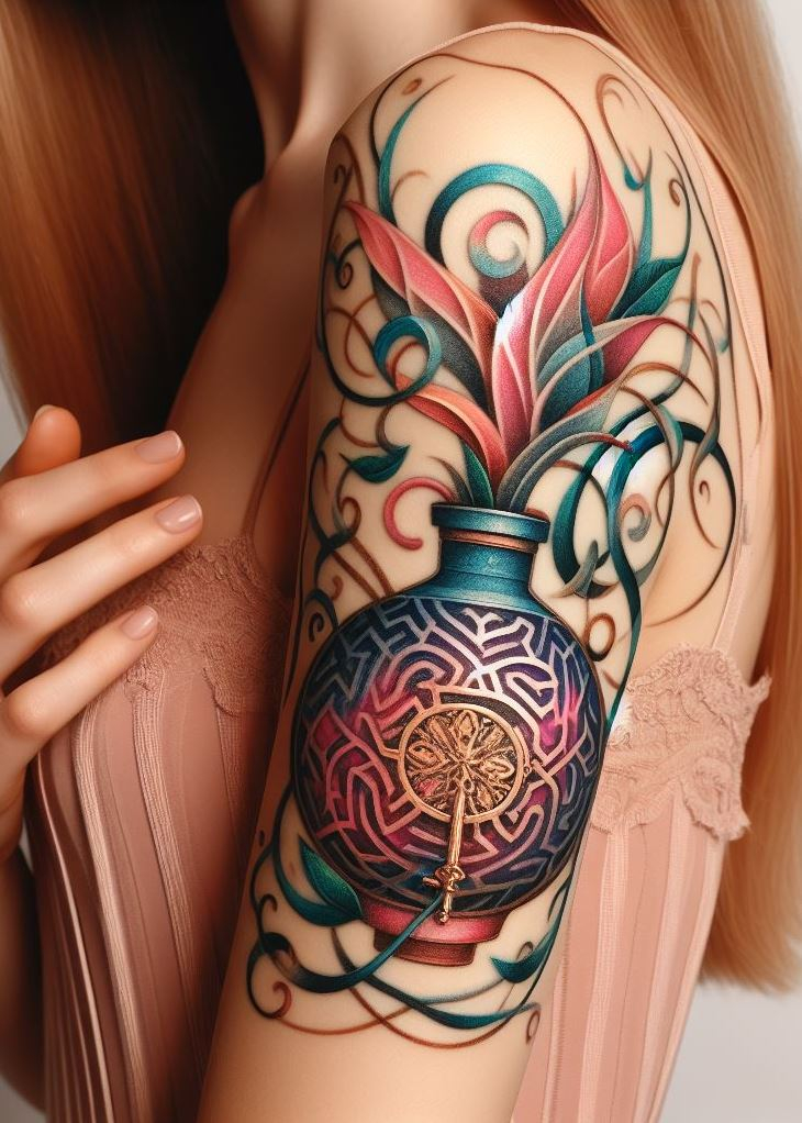 Unlock the mysteries of the maze with this Magic Potion Tattoo, where the keyhole is not just an entrance, but a journey through your own enigma. It’s a tattoo that says ‘adventure lies within.