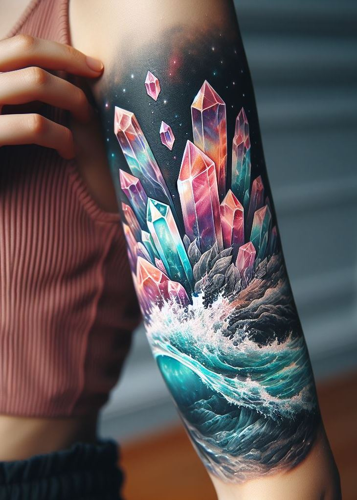 Forget the mermaid scales, wear the ocean's magic! This crystal water tattoo is a mesmerizing reminder of the power and mystery that lies within the deep. Crystal tattoos: for the free spirit who craves adventure.