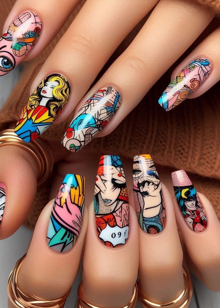 Abstract Nail Art: It's Not Just Random Splotches (We Promise!) | Pocoko Pop Art Pow! Channel Your Inner Warhol with Bold Nails Feeling like your nails need a bold upgrade? Unleash your inner Warhol with Pop Art Elements Nails! Think Campbell's soup cans on one finger, a vibrant red lips design on another, and maybe even a speech bubble spelling out "Love" on another. It's a playful and eye-catching way to showcase your artistic spirit and embrace iconic Pop Art imagery on your fingertips.