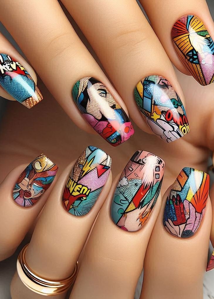 Abstract Nail Art: It's Not Just Random Splotches (We Promise!) | Pocoko Comic Book Captivate: Pop Art Elements Nails with a Graphic Twist Calling all comic book enthusiasts! Pop Art Elements Nails are the perfect way to celebrate your love for graphic novels. Paint a base coat in a bright, bold color like yellow or blue, then add speech bubbles with funny sayings, "BAM!" sound effects, or even tiny superhero silhouettes. It's a fun and unexpected way to bring the world of comics to your fingertips.