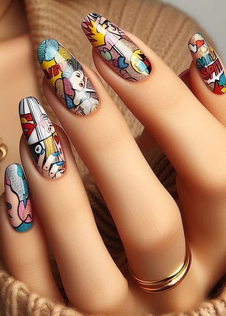 Abstract Nail Art: It's Not Just Random Splotches (We Promise!) | Pocoko Roy Lichtenstein Love: Pop Art Elements Nails with Bold Outlines Channel your inner Roy Lichtenstein with Pop Art Elements Nails! Paint your nails in bold, solid colors like red, yellow, or blue. Then, add thick black outlines around the edges, mimicking the bold lines found in his artwork. You can even add a tiny speech bubble with a flirty message for an extra playful touch.