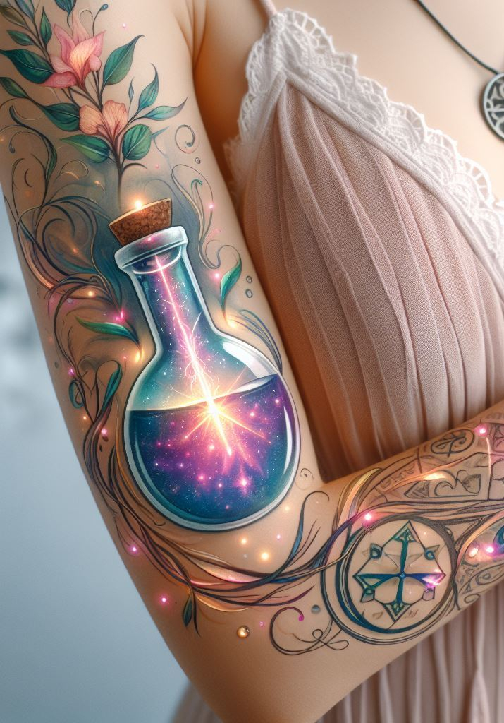 “Philter of Phantasms” - Swirling with ethereal mist, this tattoo portrays a potion that could contain captured dreams. The runes glow with a spectral light, promising a glimpse into realms beyond our own.