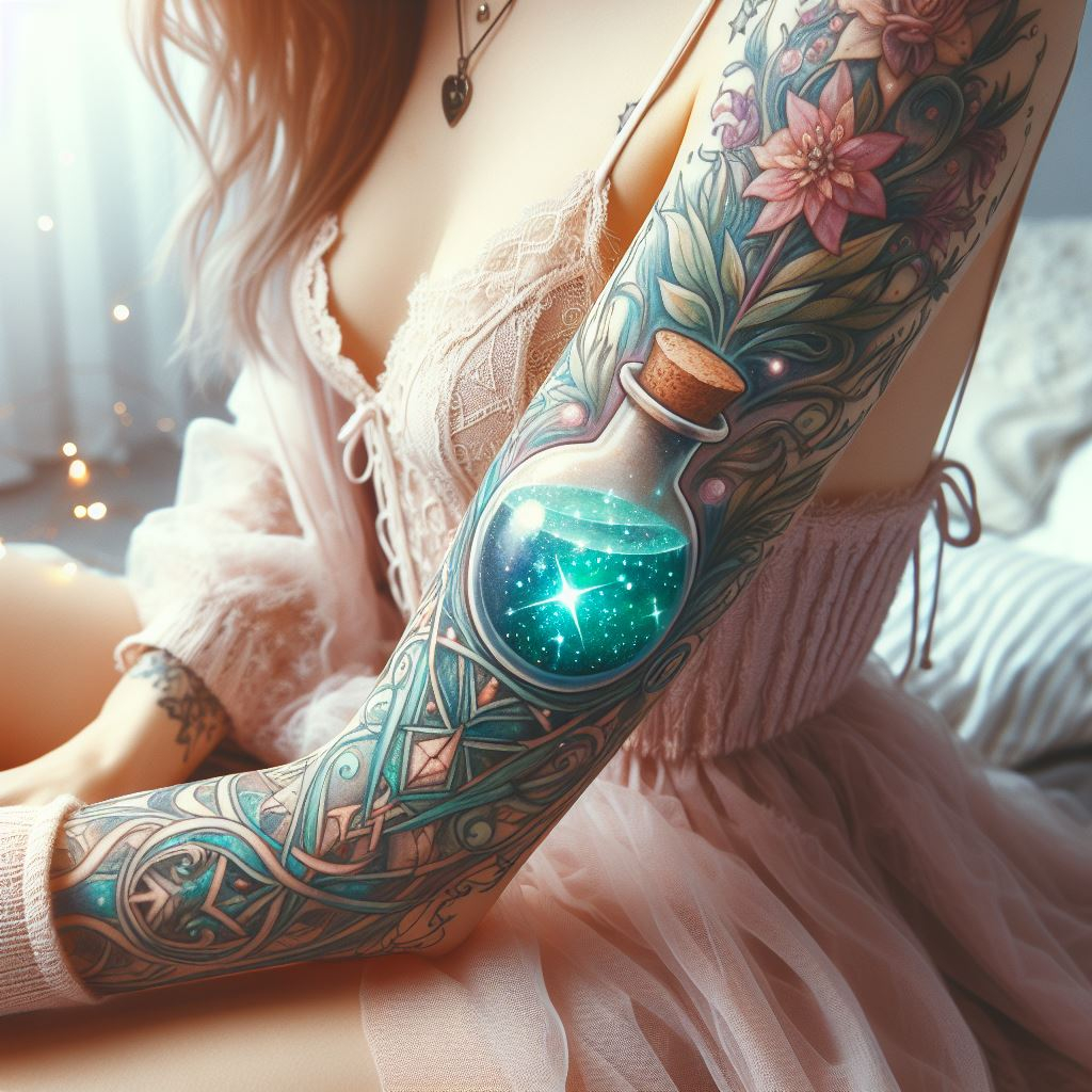 Bottle up the brilliance of the ancients on your skin. These glowing runes in a potion bottle tattoo are not just designs; they’re whispers of wisdom from a world beyond, shining through the ages.